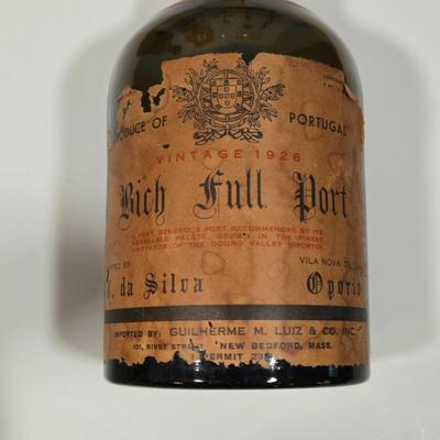 LOT 94D: Vintage Rich Full Port Wine Bottle, Leather Wrapped Decanter, Seagram's 7 Bottle, Field Birds Whiskey Decanter, Ashtrays,...