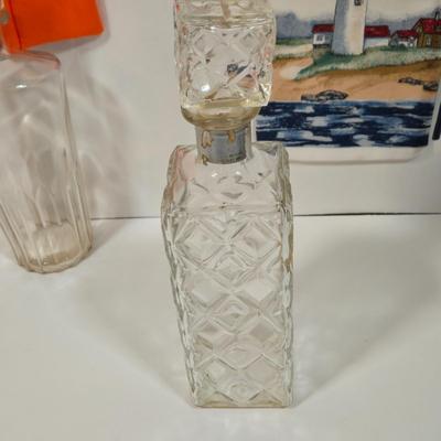LOT 94D: Vintage Rich Full Port Wine Bottle, Leather Wrapped Decanter, Seagram's 7 Bottle, Field Birds Whiskey Decanter, Ashtrays,...