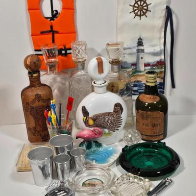 LOT 94D: Vintage Rich Full Port Wine Bottle, Leather Wrapped Decanter, Seagram's 7 Bottle, Field Birds Whiskey Decanter, Ashtrays,...