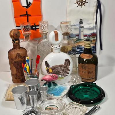 LOT 94D: Vintage Rich Full Port Wine Bottle, Leather Wrapped Decanter, Seagram's 7 Bottle, Field Birds Whiskey Decanter, Ashtrays,...