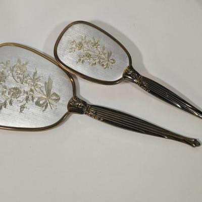 LOT 95D: Ladies' Vanity Set with Mirror Tray, Brush, Hand Mirror, Comb, 3 Lidded Glass Jars, 2 Hand Fans, Handkerchiefs, Eye Wash...