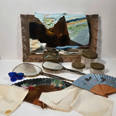 LOT 95D: Ladies' Vanity Set with Mirror Tray, Brush, Hand Mirror, Comb, 3 Lidded Glass Jars, 2 Hand Fans, Handkerchiefs, Eye Wash...