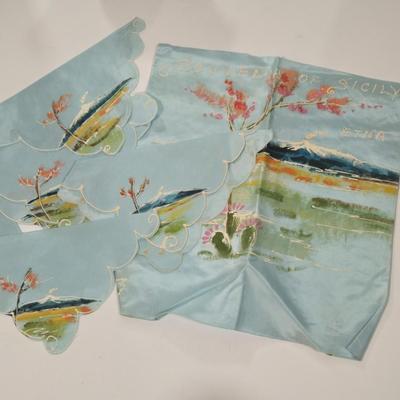 LOT 95D: Ladies' Vanity Set with Mirror Tray, Brush, Hand Mirror, Comb, 3 Lidded Glass Jars, 2 Hand Fans, Handkerchiefs, Eye Wash...