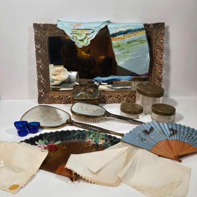 LOT 95D: Ladies' Vanity Set with Mirror Tray, Brush, Hand Mirror, Comb, 3 Lidded Glass Jars, 2 Hand Fans, Handkerchiefs, Eye Wash...