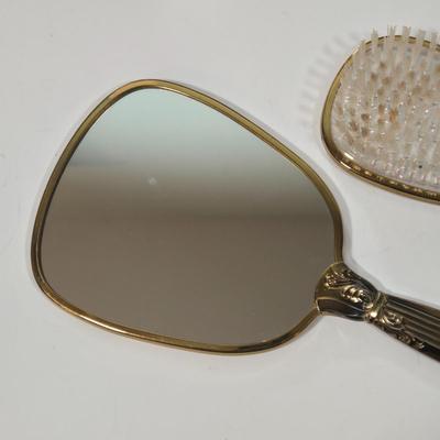 LOT 95D: Ladies' Vanity Set with Mirror Tray, Brush, Hand Mirror, Comb, 3 Lidded Glass Jars, 2 Hand Fans, Handkerchiefs, Eye Wash...
