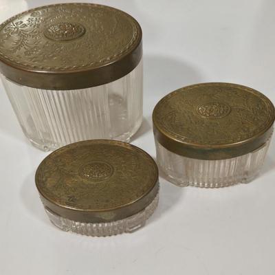 LOT 95D: Ladies' Vanity Set with Mirror Tray, Brush, Hand Mirror, Comb, 3 Lidded Glass Jars, 2 Hand Fans, Handkerchiefs, Eye Wash...