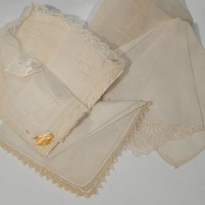 LOT 95D: Ladies' Vanity Set with Mirror Tray, Brush, Hand Mirror, Comb, 3 Lidded Glass Jars, 2 Hand Fans, Handkerchiefs, Eye Wash...