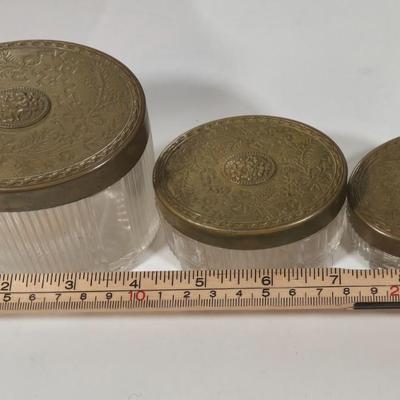 LOT 95D: Ladies' Vanity Set with Mirror Tray, Brush, Hand Mirror, Comb, 3 Lidded Glass Jars, 2 Hand Fans, Handkerchiefs, Eye Wash...