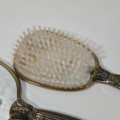 LOT 95D: Ladies' Vanity Set with Mirror Tray, Brush, Hand Mirror, Comb, 3 Lidded Glass Jars, 2 Hand Fans, Handkerchiefs, Eye Wash...