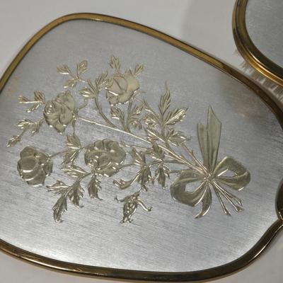 LOT 95D: Ladies' Vanity Set with Mirror Tray, Brush, Hand Mirror, Comb, 3 Lidded Glass Jars, 2 Hand Fans, Handkerchiefs, Eye Wash...