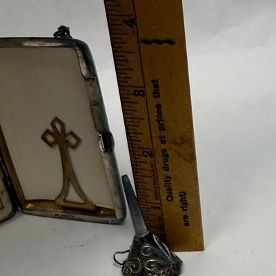 3 piece silver plate lot - tiny funnel, cigarette case, hidden panel purse