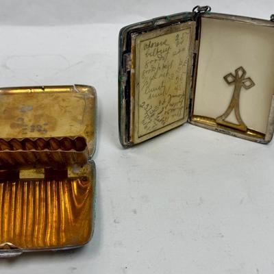 3 piece silver plate lot - tiny funnel, cigarette case, hidden panel purse