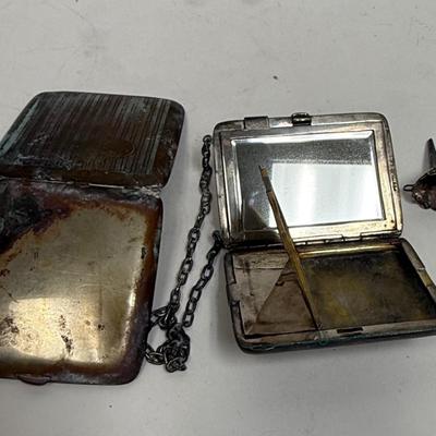3 piece silver plate lot - tiny funnel, cigarette case, hidden panel purse