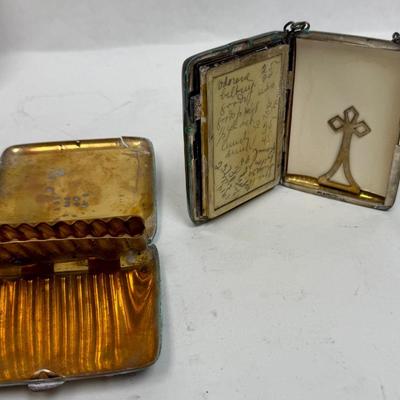 3 piece silver plate lot - tiny funnel, cigarette case, hidden panel purse