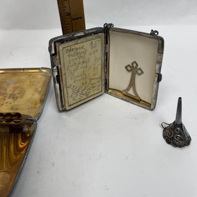 3 piece silver plate lot - tiny funnel, cigarette case, hidden panel purse