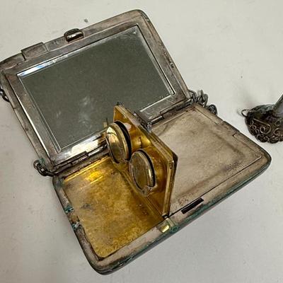 3 piece silver plate lot - tiny funnel, cigarette case, hidden panel purse