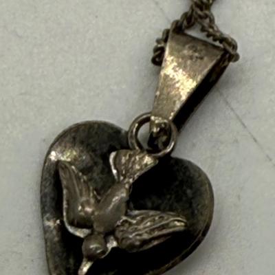 Silver Necklace: Mexico Silver Dove and Heart Pendant and Chain