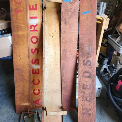 5 pieces Vintage Auto Store Metal Signs "Your Accessories Batteries Tire Needs" w Brackets 8.5" tall
