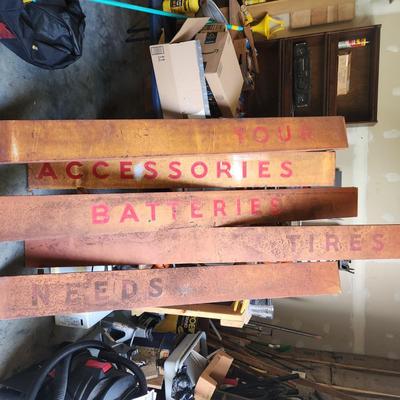 5 pieces Vintage Auto Store Metal Signs "Your Accessories Batteries Tire Needs" w Brackets 8.5" tall