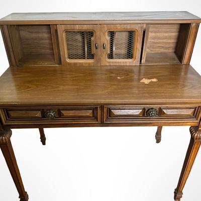 Vintage Writing Desk with Hutch and Brass Pulls