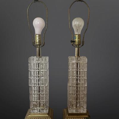 Pair of Vintage Glass Table Lamps with Brass Bases