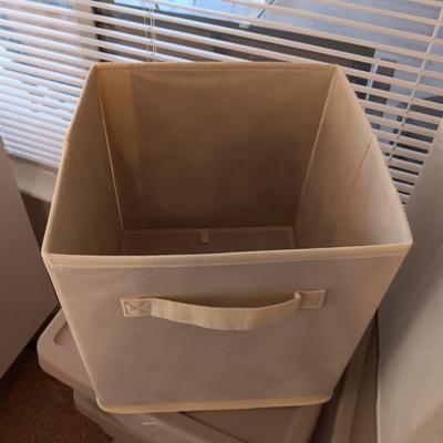 PLASTIC STORAGE CONTAINERS AND 2 LINEN FOLDING BASKETS