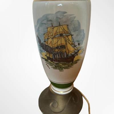 Hand-Painted Table Lamp with Sailing Ship Scene
