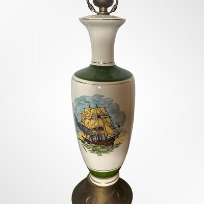 Hand-Painted Table Lamp with Sailing Ship Scene