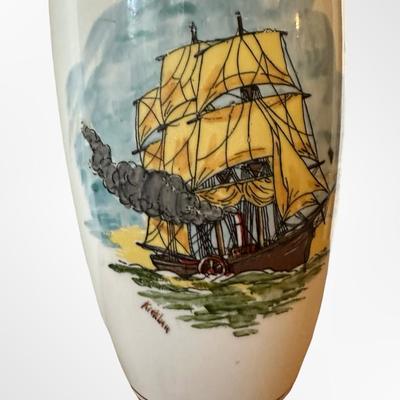 Hand-Painted Table Lamp with Sailing Ship Scene