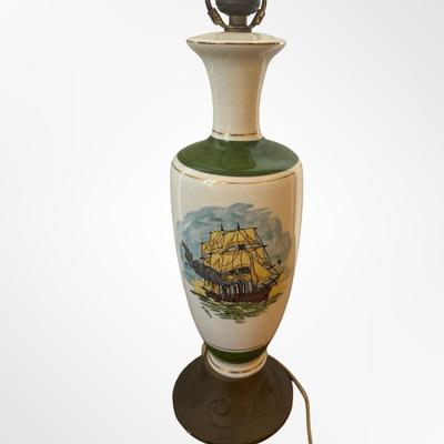 Hand-Painted Table Lamp with Sailing Ship Scene