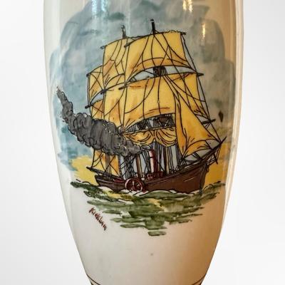 Hand-Painted Table Lamp with Sailing Ship Scene