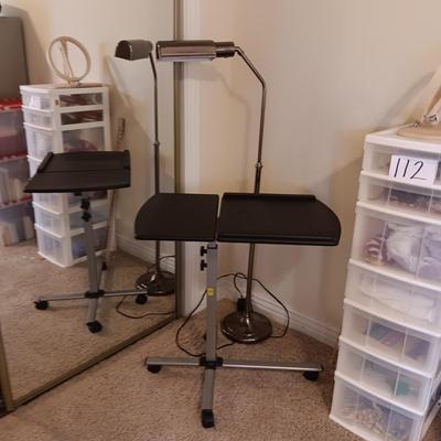 ADJUSTABLE, TILTING LAPTOP DESK ON CASTERS AND A FLOOR LAMP