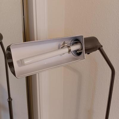ADJUSTABLE, TILTING LAPTOP DESK ON CASTERS AND A FLOOR LAMP