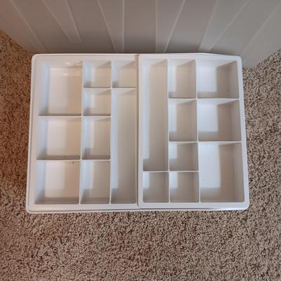 4 STORAGE TOTES AND A DRAWER ORGANIZER