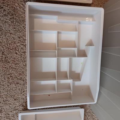 4 STORAGE TOTES AND A DRAWER ORGANIZER