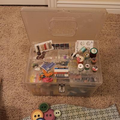 SEWING THEMED WALL ART, SEWING BOX FULL OF NOTIONS AND 2 CLOTH BAGS