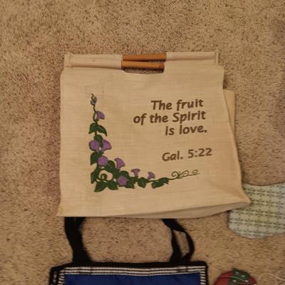 SEWING THEMED WALL ART, SEWING BOX FULL OF NOTIONS AND 2 CLOTH BAGS