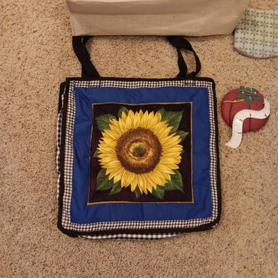 SEWING THEMED WALL ART, SEWING BOX FULL OF NOTIONS AND 2 CLOTH BAGS