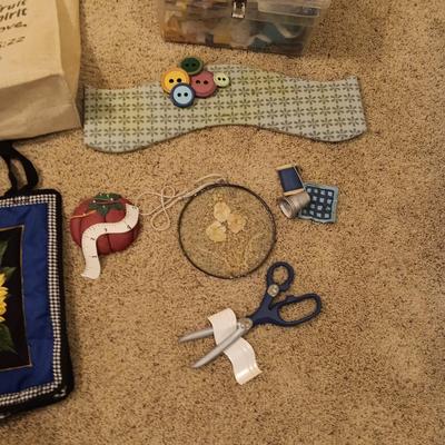 SEWING THEMED WALL ART, SEWING BOX FULL OF NOTIONS AND 2 CLOTH BAGS