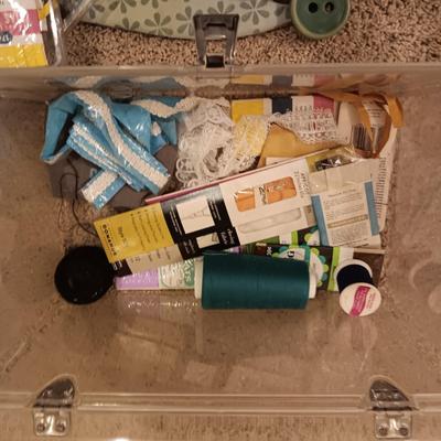 SEWING THEMED WALL ART, SEWING BOX FULL OF NOTIONS AND 2 CLOTH BAGS