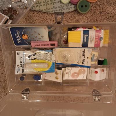 SEWING THEMED WALL ART, SEWING BOX FULL OF NOTIONS AND 2 CLOTH BAGS