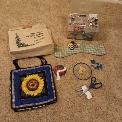 SEWING THEMED WALL ART, SEWING BOX FULL OF NOTIONS AND 2 CLOTH BAGS