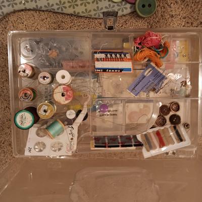 SEWING THEMED WALL ART, SEWING BOX FULL OF NOTIONS AND 2 CLOTH BAGS