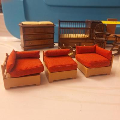Sale Photo Thumbnail #807: some is plastic and some is wooden.  All about the same scale- smaller than barbie size more like what a dawn doll size would be.  Look at the baby bed and the sectional sofa….cool stuff.