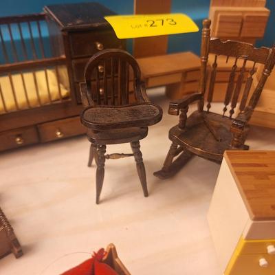 Sale Photo Thumbnail #810: some is plastic and some is wooden.  All about the same scale- smaller than barbie size more like what a dawn doll size would be.  Look at the baby bed and the sectional sofa….cool stuff.