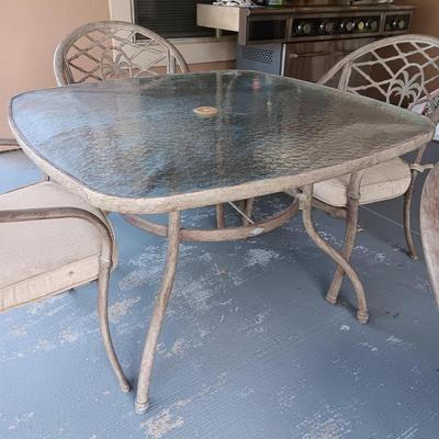 HAMPTON BAY GLASS TOP PATIO TABLE WITH 4 CHAIRS