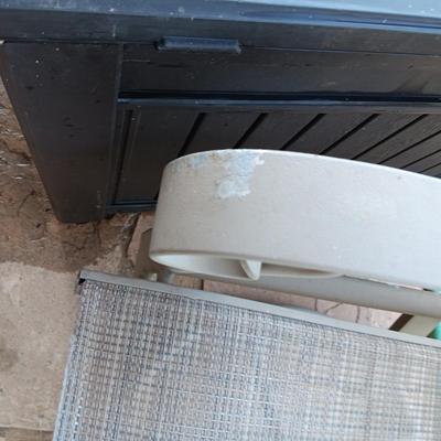 2 ROCKING SWIVEL PATIO CHAIRS AND A PLASTIC STORAGE BOX