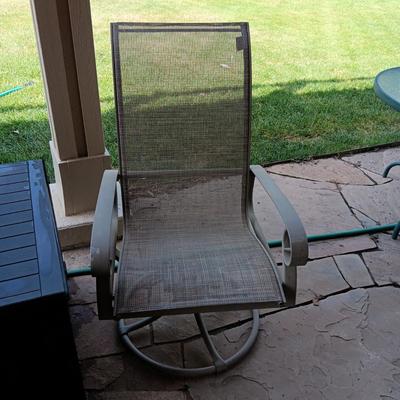 2 ROCKING SWIVEL PATIO CHAIRS AND A PLASTIC STORAGE BOX