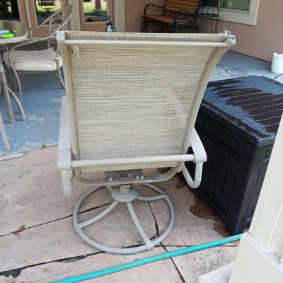 2 ROCKING SWIVEL PATIO CHAIRS AND A PLASTIC STORAGE BOX