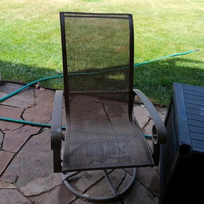 2 ROCKING SWIVEL PATIO CHAIRS AND A PLASTIC STORAGE BOX